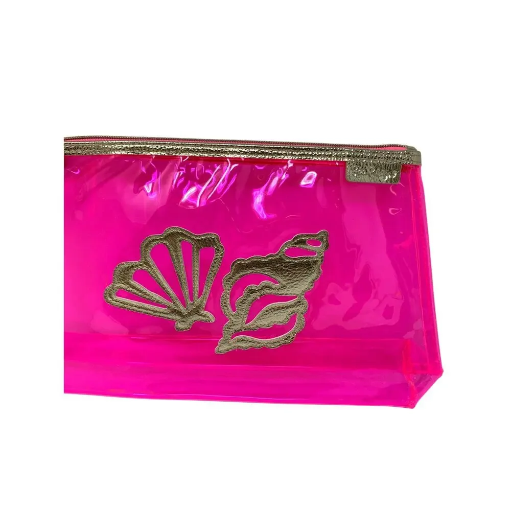 Lilly Pulitzer Clear Hot Pink Havana Clutch Pouch Gold Tone Zipper Shell Design
